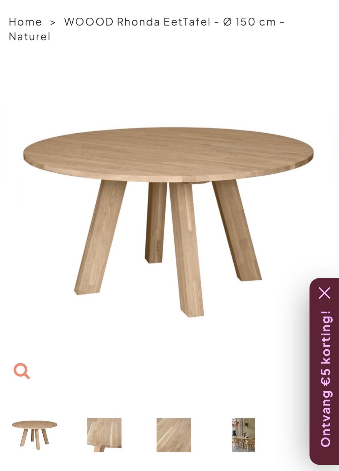 WOOOD Ronda Eettafel 150cm - Onbehandeld Eikenhout, Ophalen, 100 tot 150 cm, 150 tot 200 cm, Zo goed als nieuw