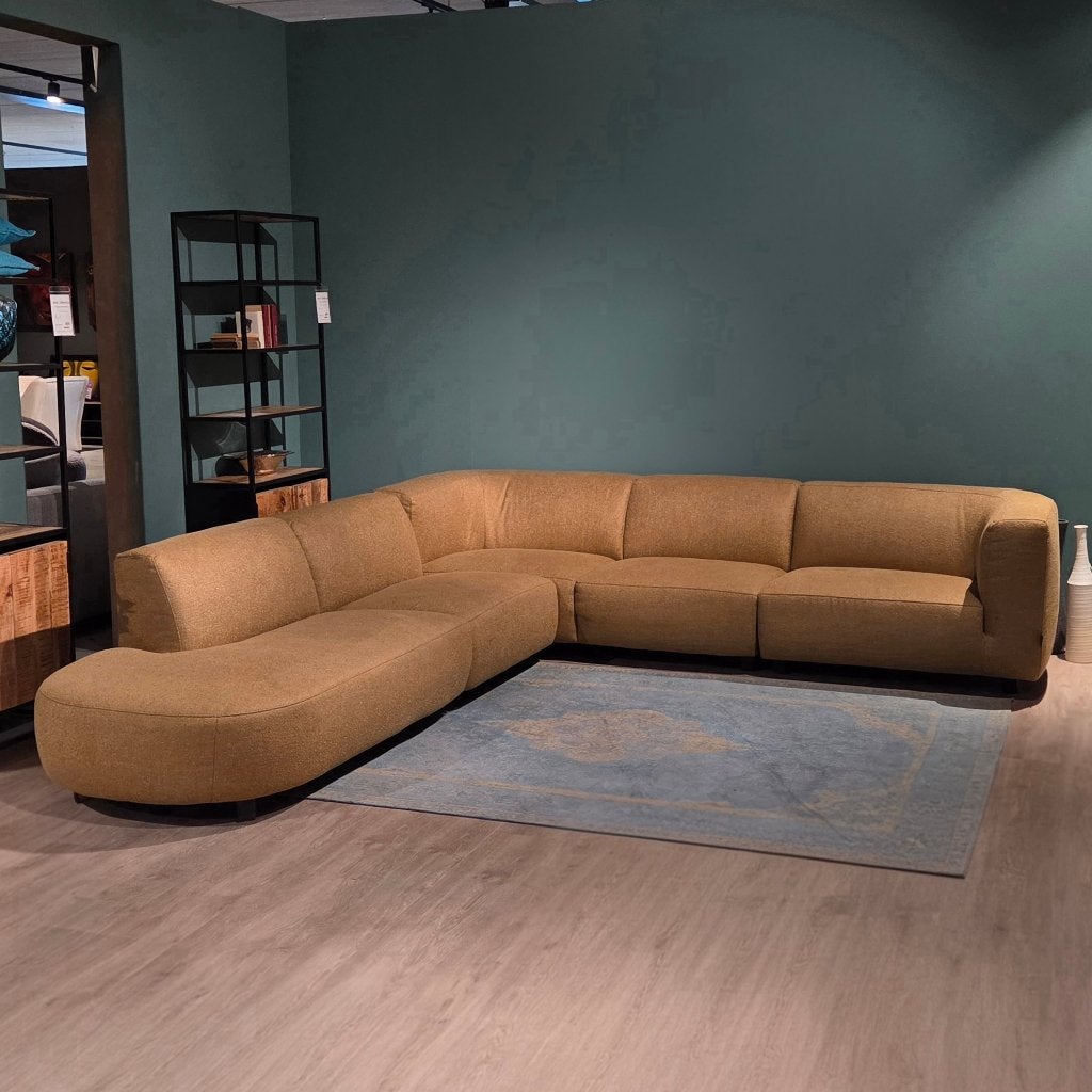 Hoekbank beanks oker geel rond model 350x300cm, Ophalen, Hoekbank, 300 cm of meer, Zo goed als nieuw