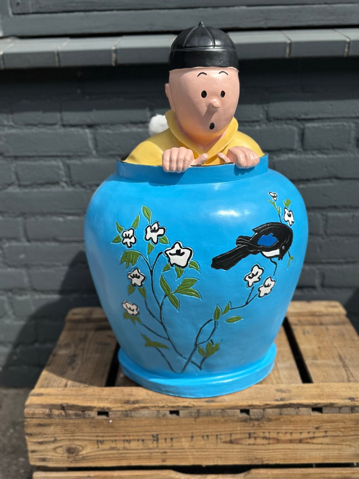 Groot Kuifje en Bobby in vaas beeld - Uniek decoratiestuk, Ophalen, Kuifje, Zo goed als nieuw, Beeldje of Figuurtje