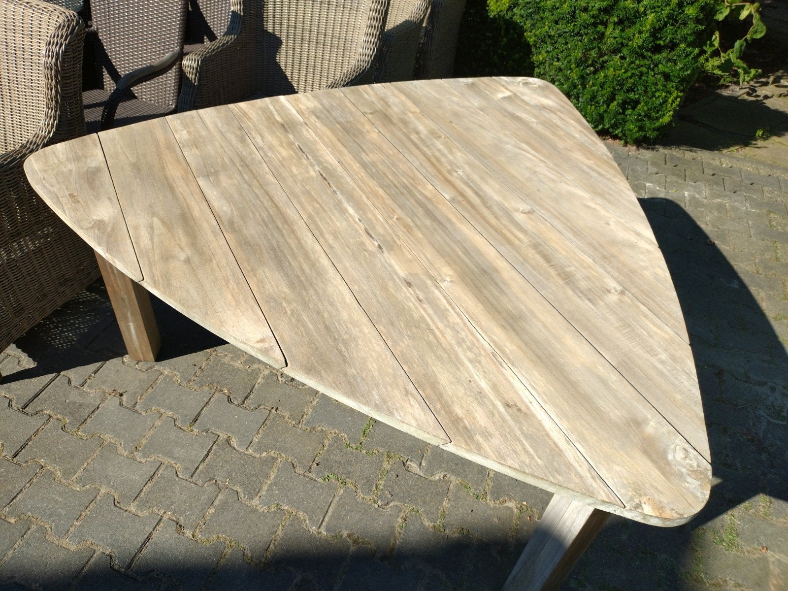 Mooie Triangel Teak tuintafel. 170 x 170, Tuin en Terras, Ophalen, Gebruikt, Teakhout