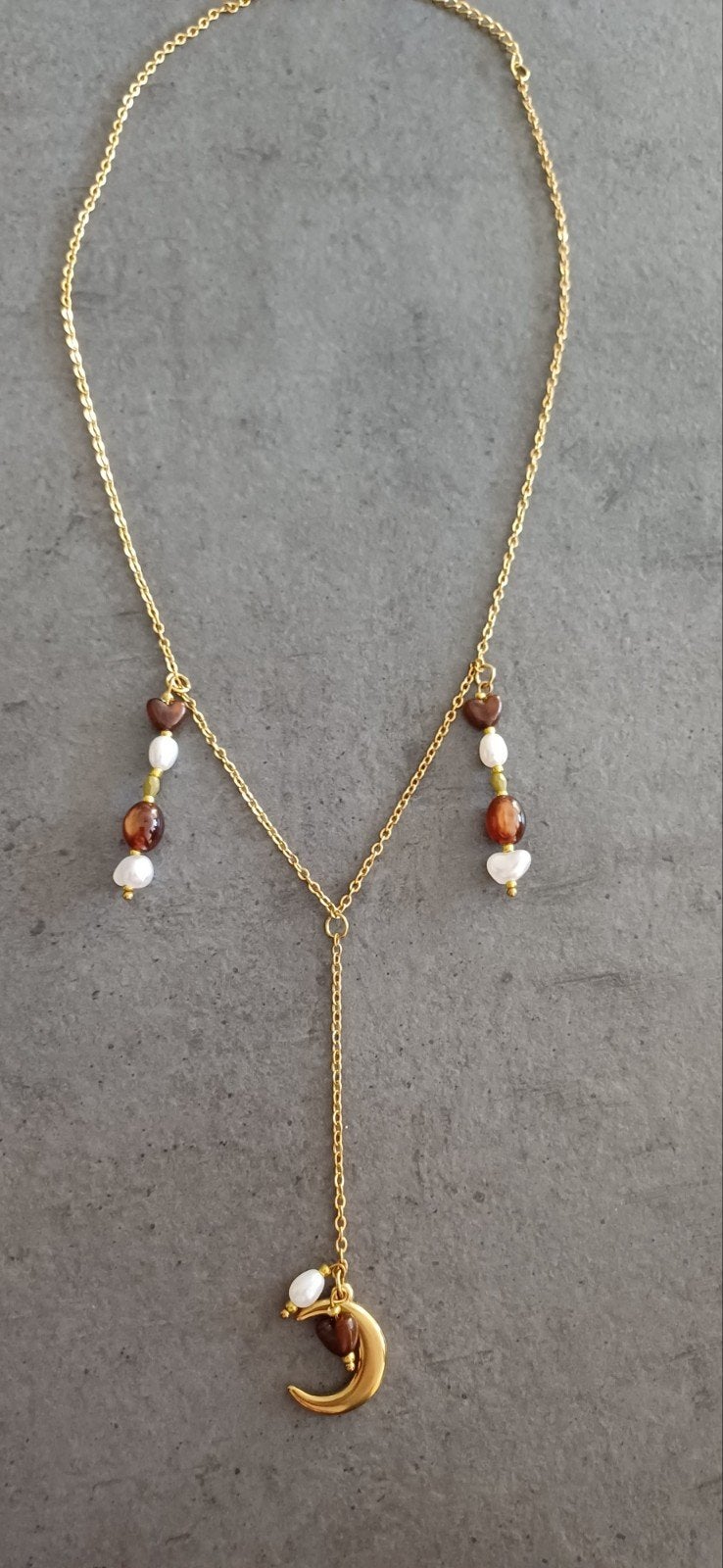 Gouden ketting met maan, parels en bruine kralen, Ophalen of Verzenden