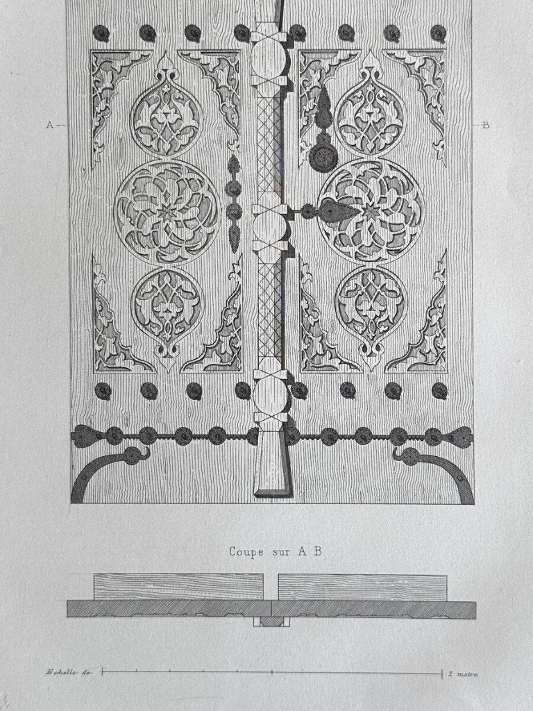 Antieke staalgravure - deur Alâeddin-moskee te Ankara, Architectuur, Ophalen of Verzenden, 30 cm, 1800 - 1899