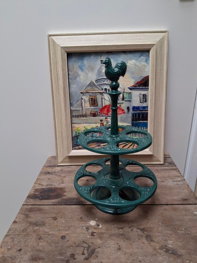 Prachtig brocant groen gietijzeren eierrek kip, Antiek en Kunst, Ophalen of Verzenden