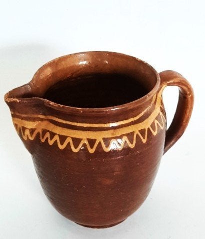 Vintage terracotta kan met ringeloor motief, R, Ophalen, Overige kleuren, Aardewerk of Porselein, Zo goed als nieuw