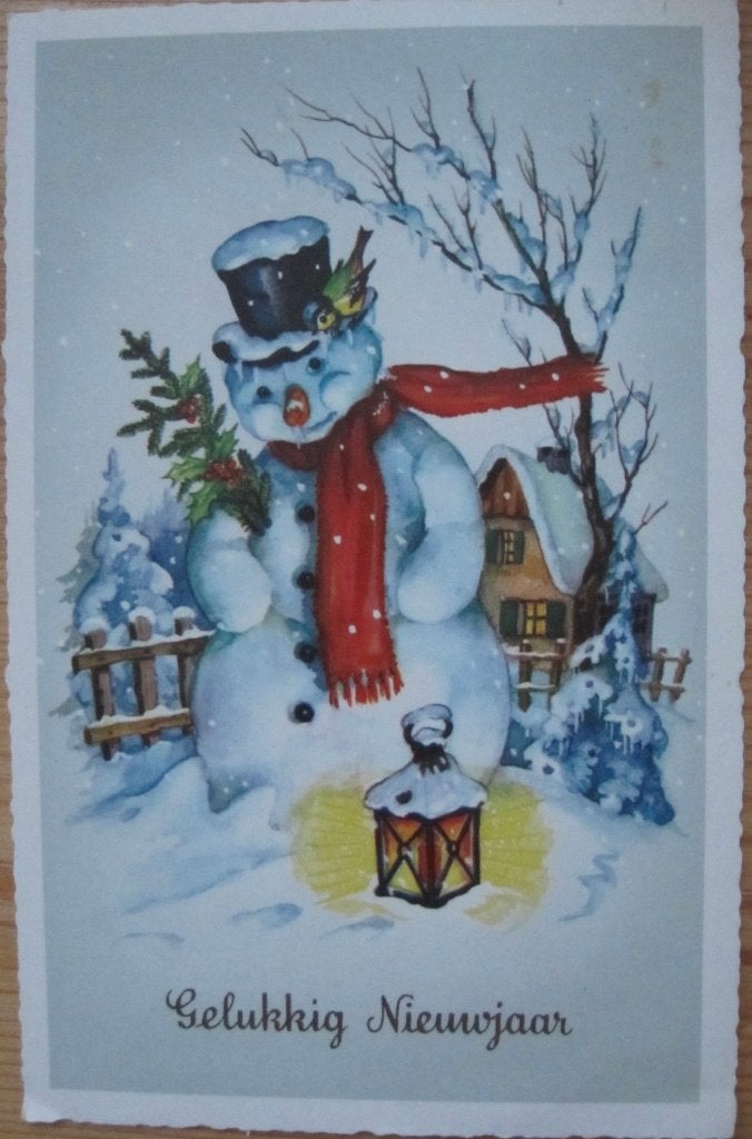 Gelukkig nieuwjaar - sneeuwpop met lantaarn - zestiger jaren, Ophalen of Verzenden, 1960 tot 1980, Gelopen, Overige thema's