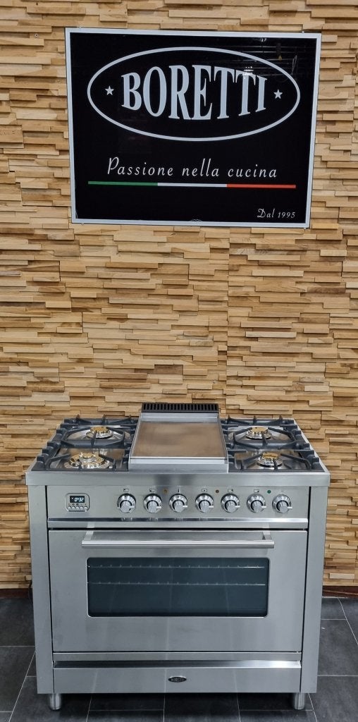 Luxe Boretti Fornuis 90cm rvs + rvs 5 pits frytop 1 oven, Niet ingevuld, 60 cm of meer, Niet ingevuld, Ophalen of Verzenden