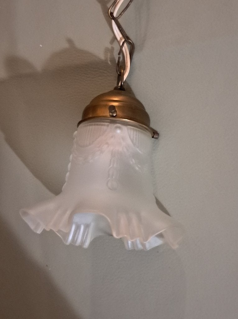 Antiek hanglampje glazen lampenkapje messing hallamp, Verzenden