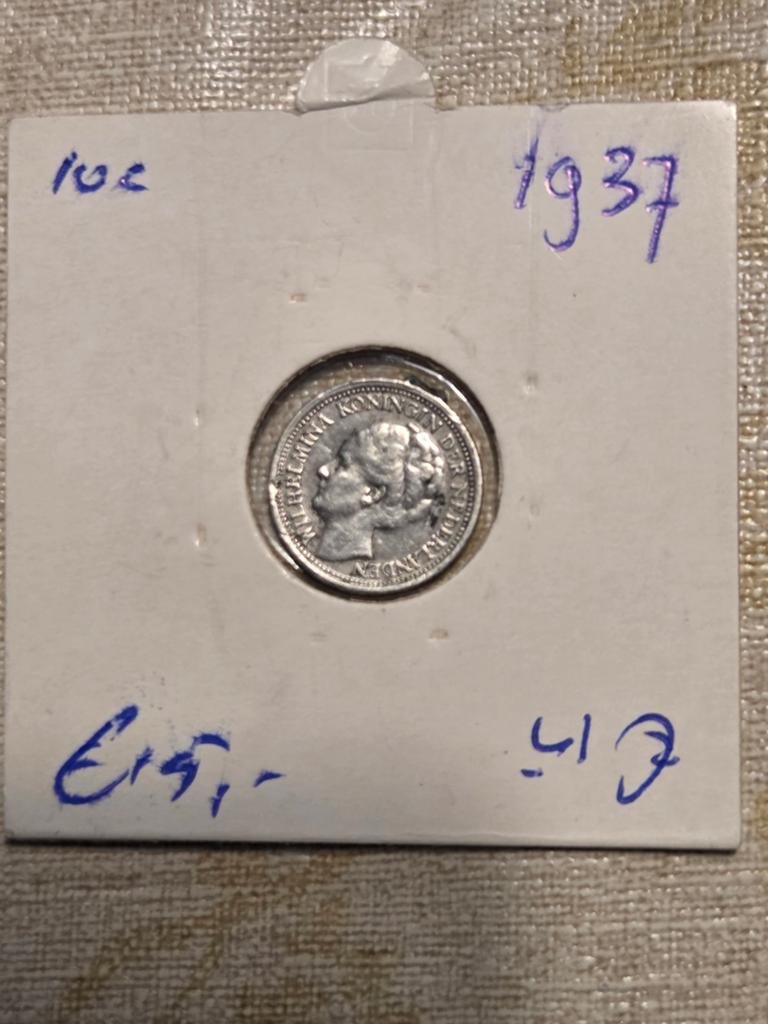 Zilveren 10 cent munt Koningin Wilhelmina 1937, Postzegels en Munten, Munten | Nederland, Zilver, Koningin Wilhelmina, Losse munt