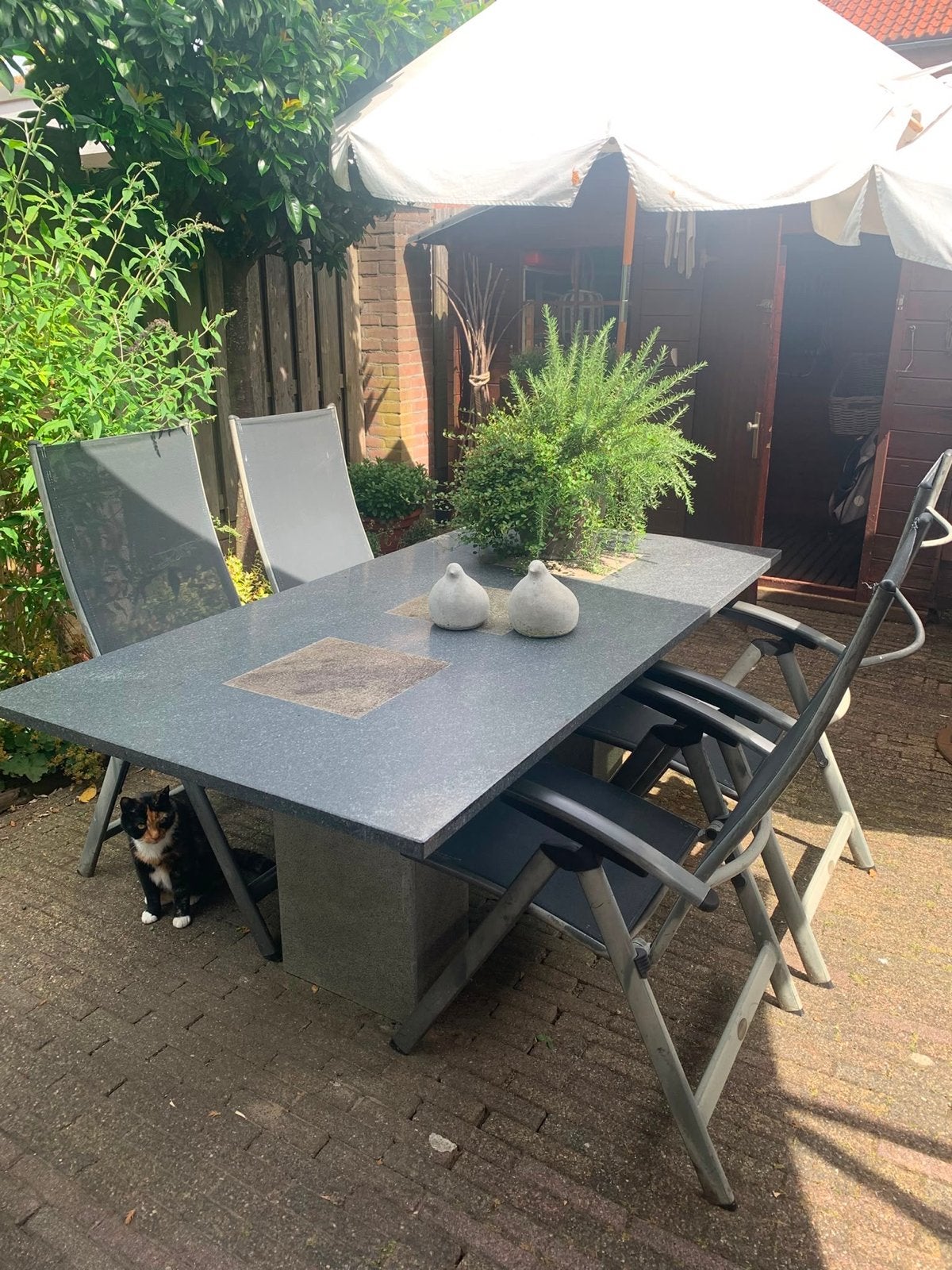 Natuurstenen tuintafel 180x90 met 4 stoelen, Tuin en Terras, Tuintafels, Ophalen, Gebruikt, Overige materialen