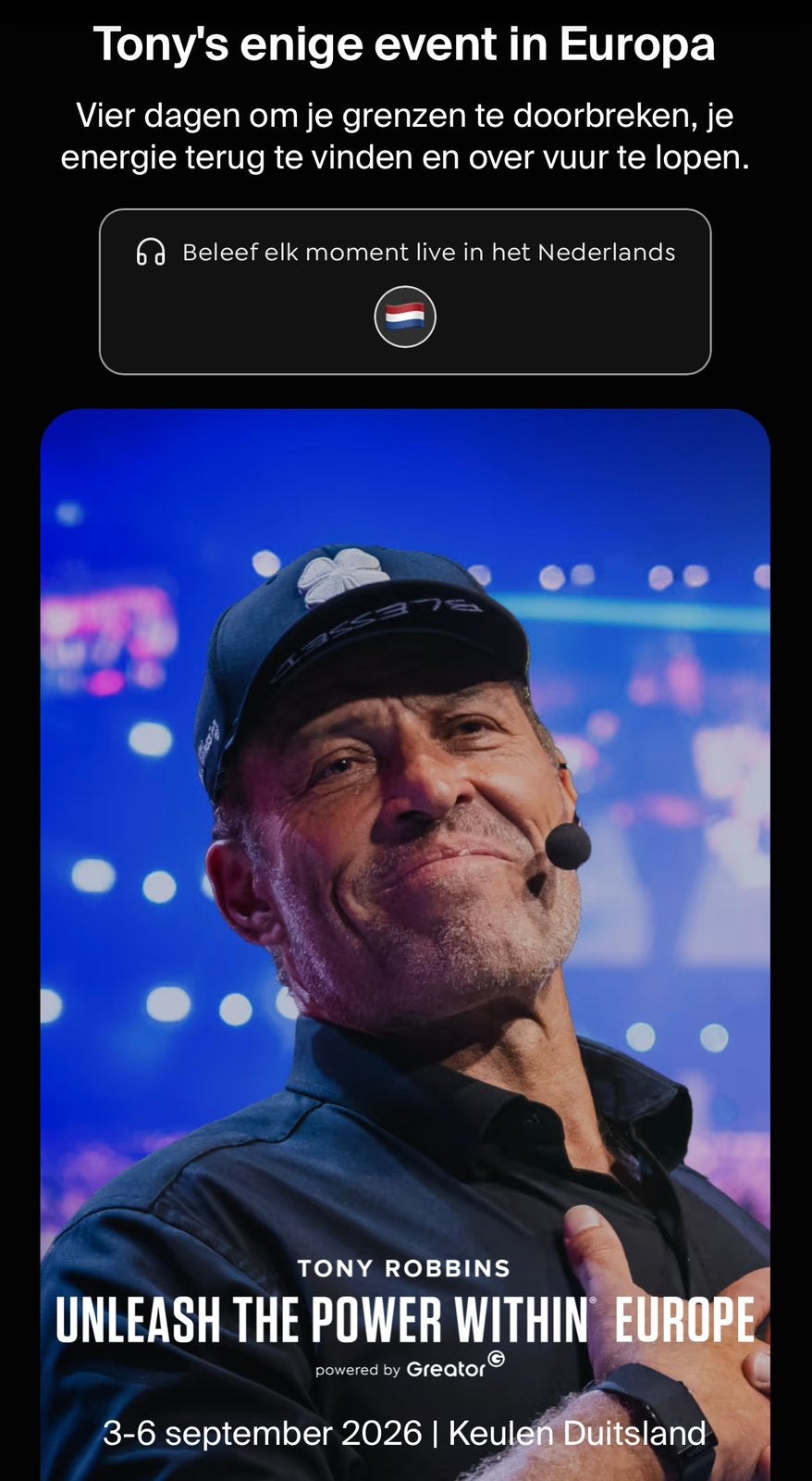 Diamond ticket - Tony Robbins UPW Keulen 2026, Eén persoon