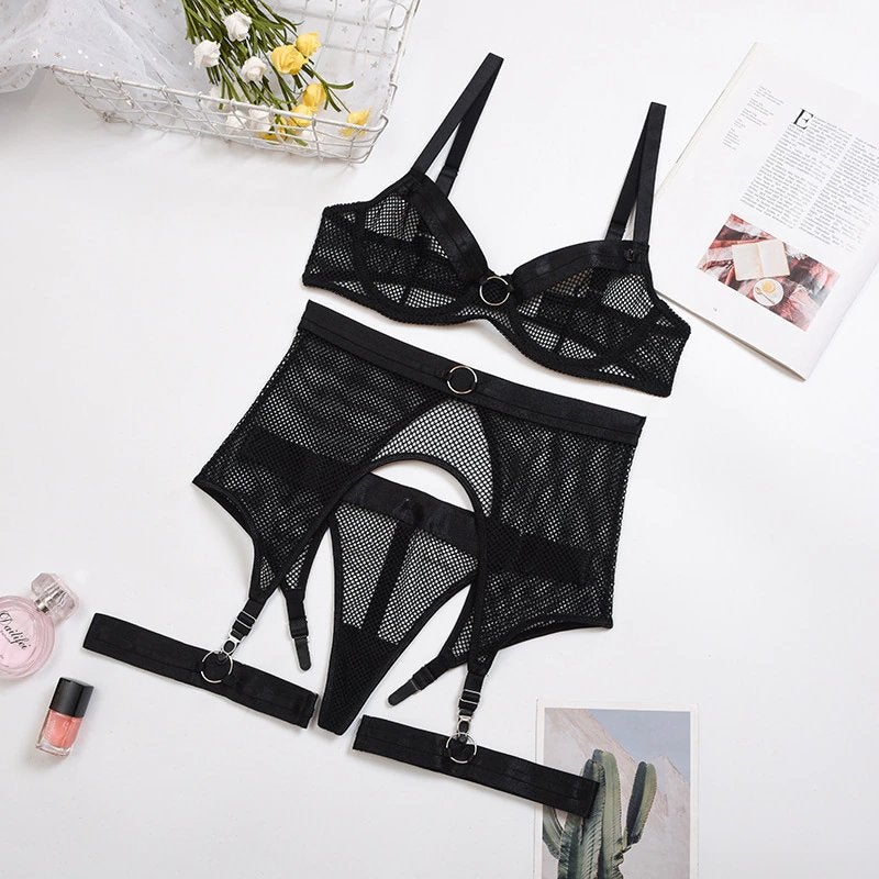 Zwart mesh dames lingerie setje, Verzenden, Zwart, Setje