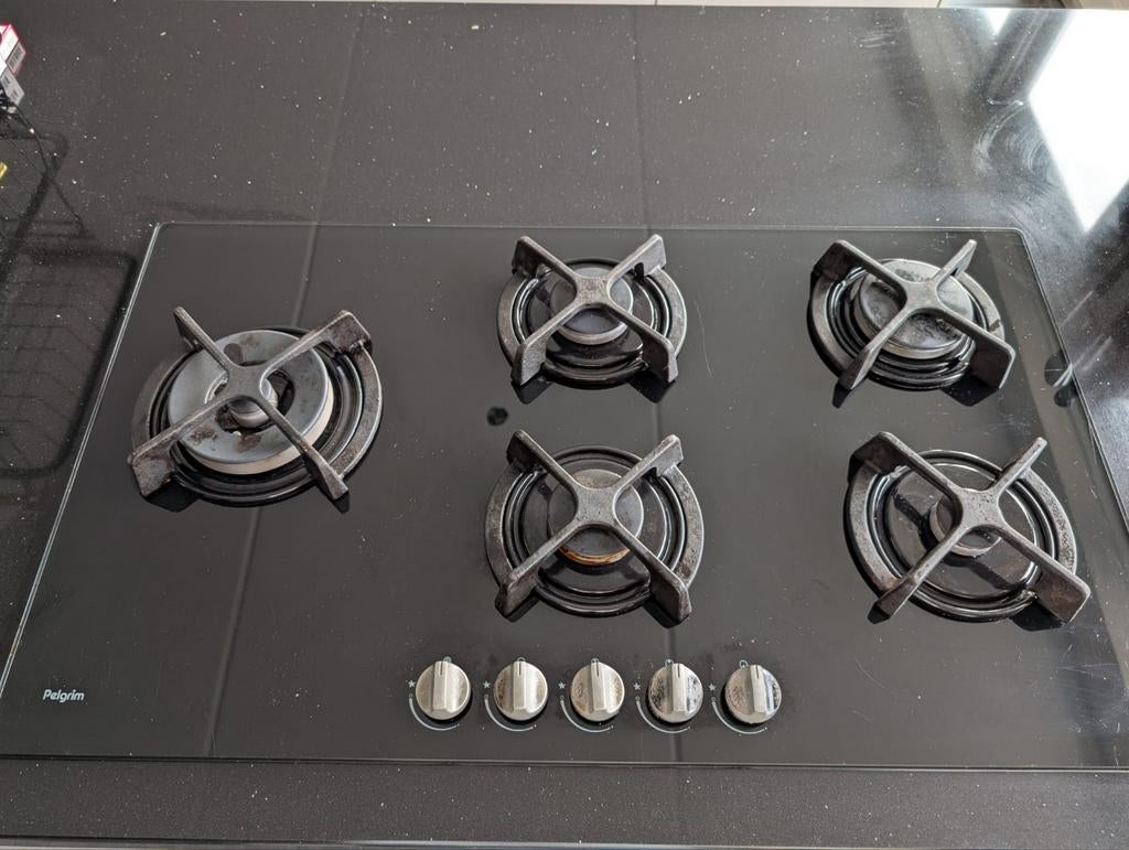 Pelgrim Gas op Glas Kookplaat - 5 Pitten, 51x87cm, Ophalen, Gebruikt, Inbouw, Gas