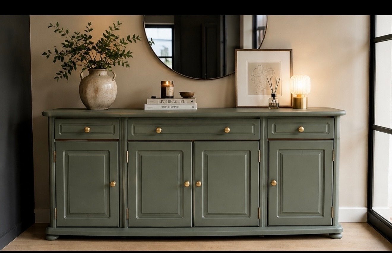 Stijlvol dressoir in saliegroen met gouden accenten, Ophalen, Eikenhout, 75 cm of meer, 150 tot 200 cm