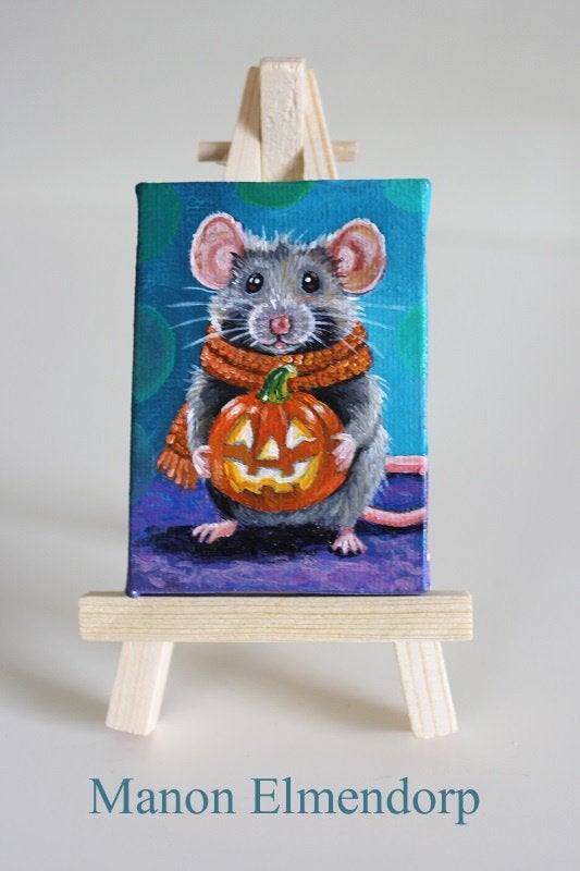 Uniek Handgeschilderd Schilderijtje Muisje met Pompoen, Minder dan 50 cm, Gesigneerd, Oorspronkelijke maker, Nieuw