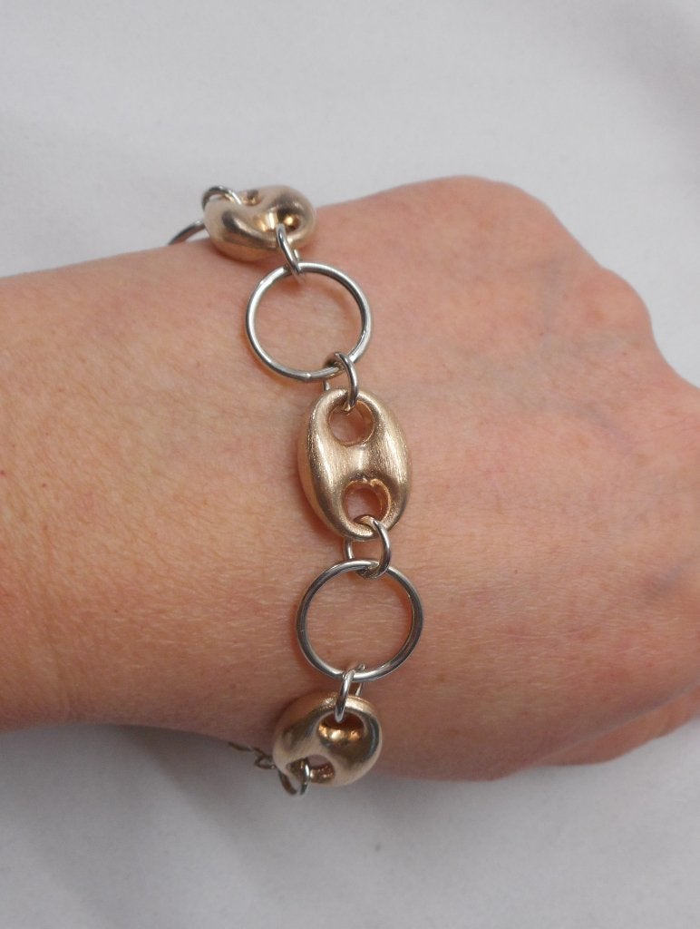 Zilveren armband met rosé goud vergulde schakels nr.389, Verzenden, Zo goed als nieuw, Zilver, Zilver