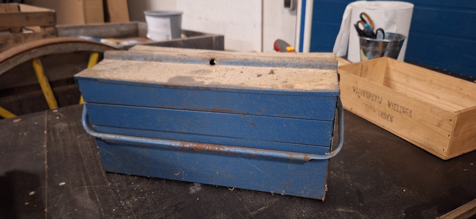 Vintage blauwe metalen gereedschapskist - ca. 43x21x21 cm, Ophalen of Verzenden, Gebruikt