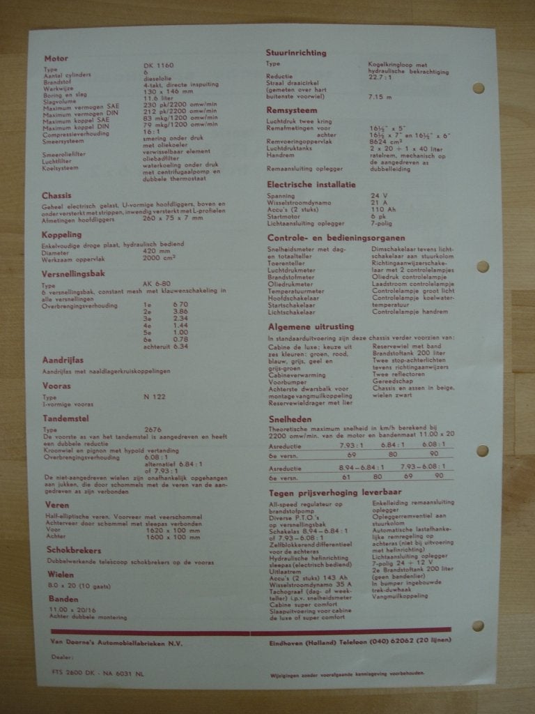 DAF FTS 2600 DK Technische Specificatie folder 1969 – 6x2, Ophalen of Verzenden, Zo goed als nieuw, Overige merken, DAF