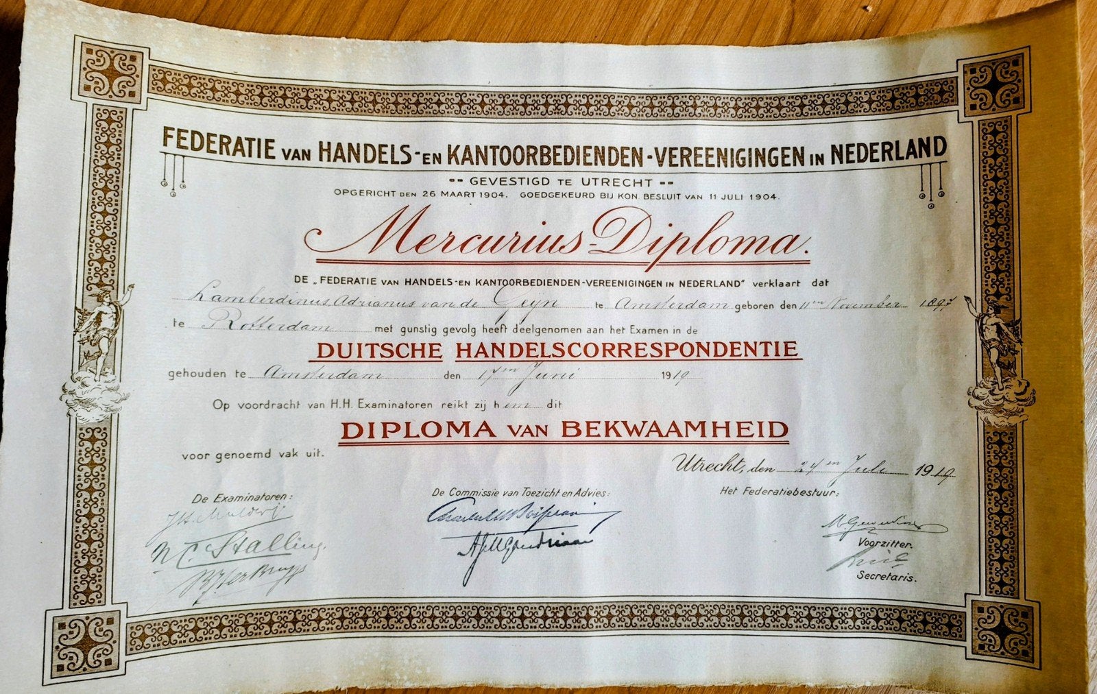 Mercurius Diploma Duitse Handelscorrespondentie 1914, Ophalen of Verzenden