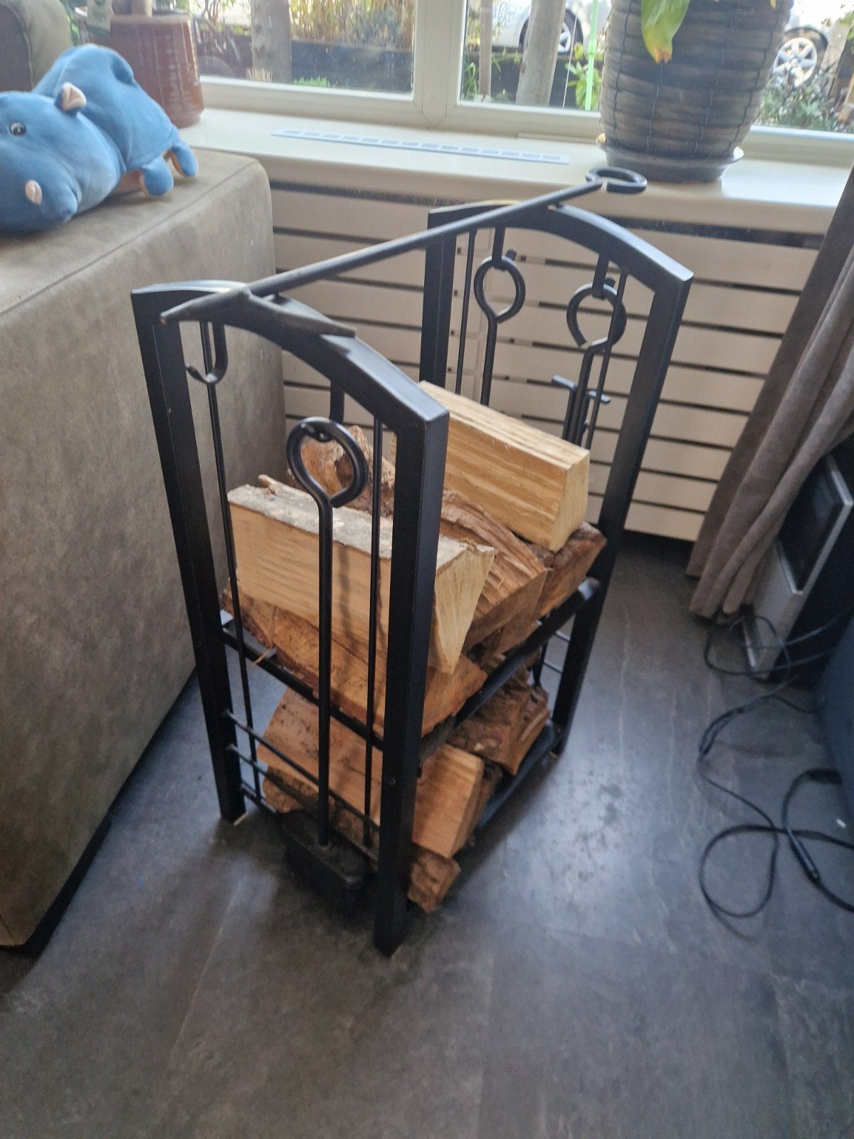 brandhoutrek met haardstel - 2 planken - staal -4-delig, Ophalen, Zo goed als nieuw