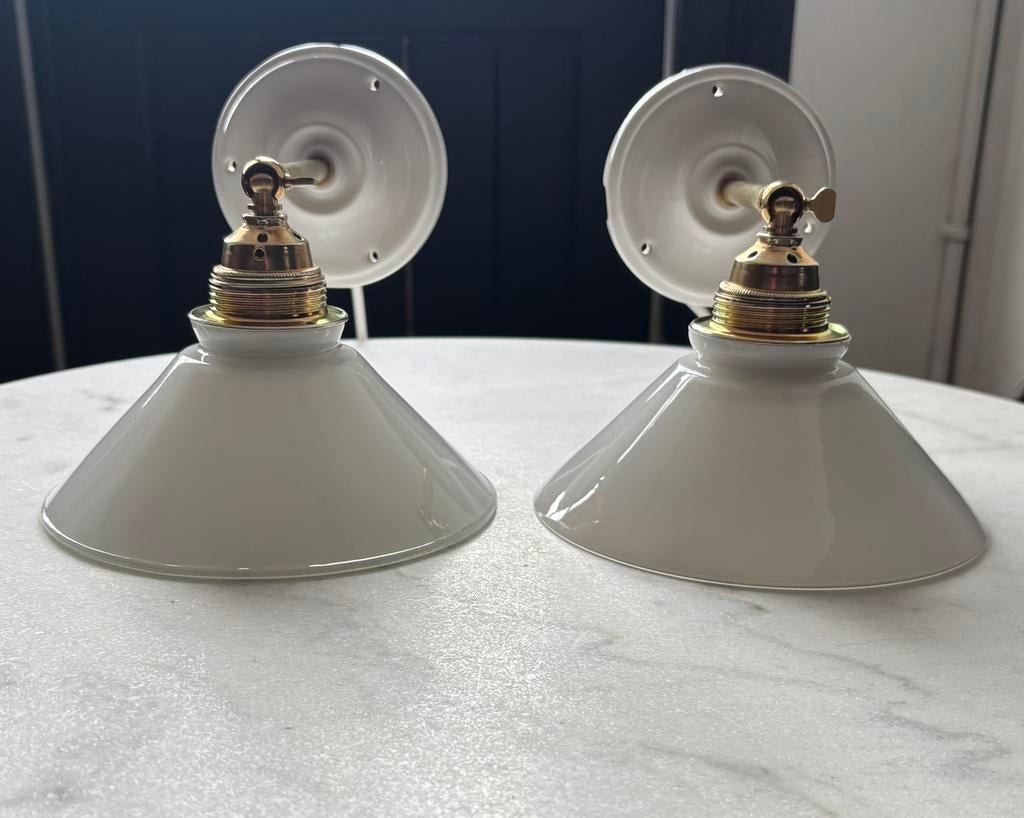 Vintage set 2 driehoek Franse witte wandlampjes keukenkap, Ophalen of Verzenden, Zo goed als nieuw, Metaal