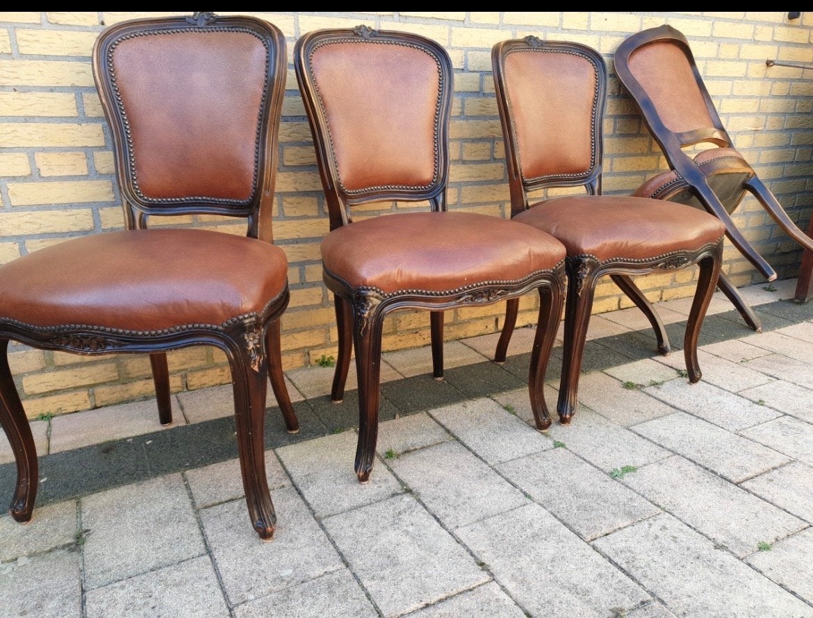 4 Lodewijk eetkamerstoelen, leder, Antiek en Kunst, Antiek | Meubels | Stoelen en Banken, Ophalen of Verzenden