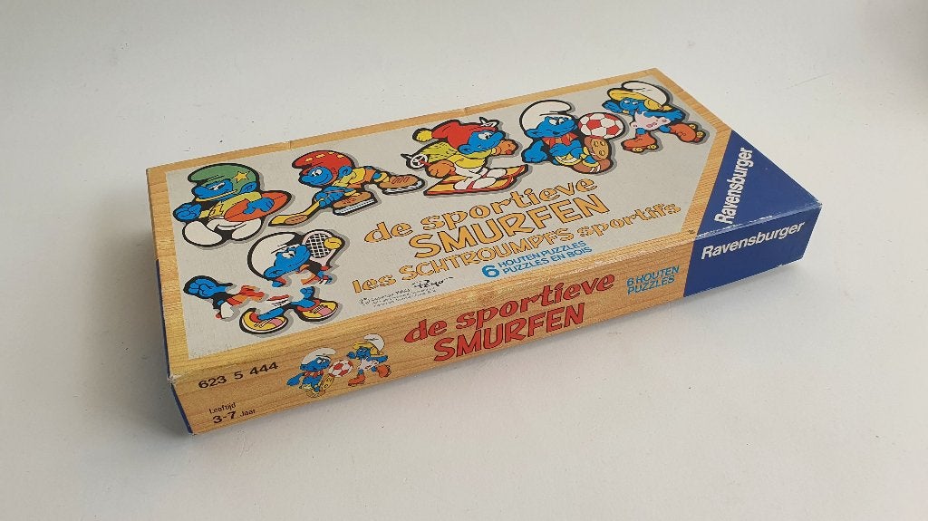 De Sportieve Smurfen, vintage houten puzzels in doos. 7B14, Kinderen en Baby's, Speelgoed | Kinderpuzzels, Tweedehands verkoop