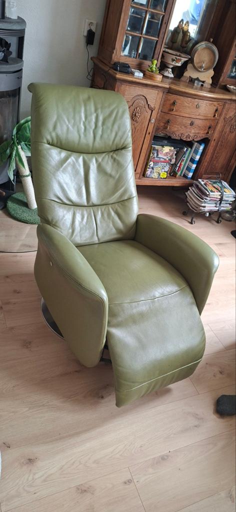 Hjort Knudsen relaxfauteuil - Groen leer, Huis en Inrichting, Fauteuils, Ophalen, Gebruikt, 75 tot 100 cm, Leer