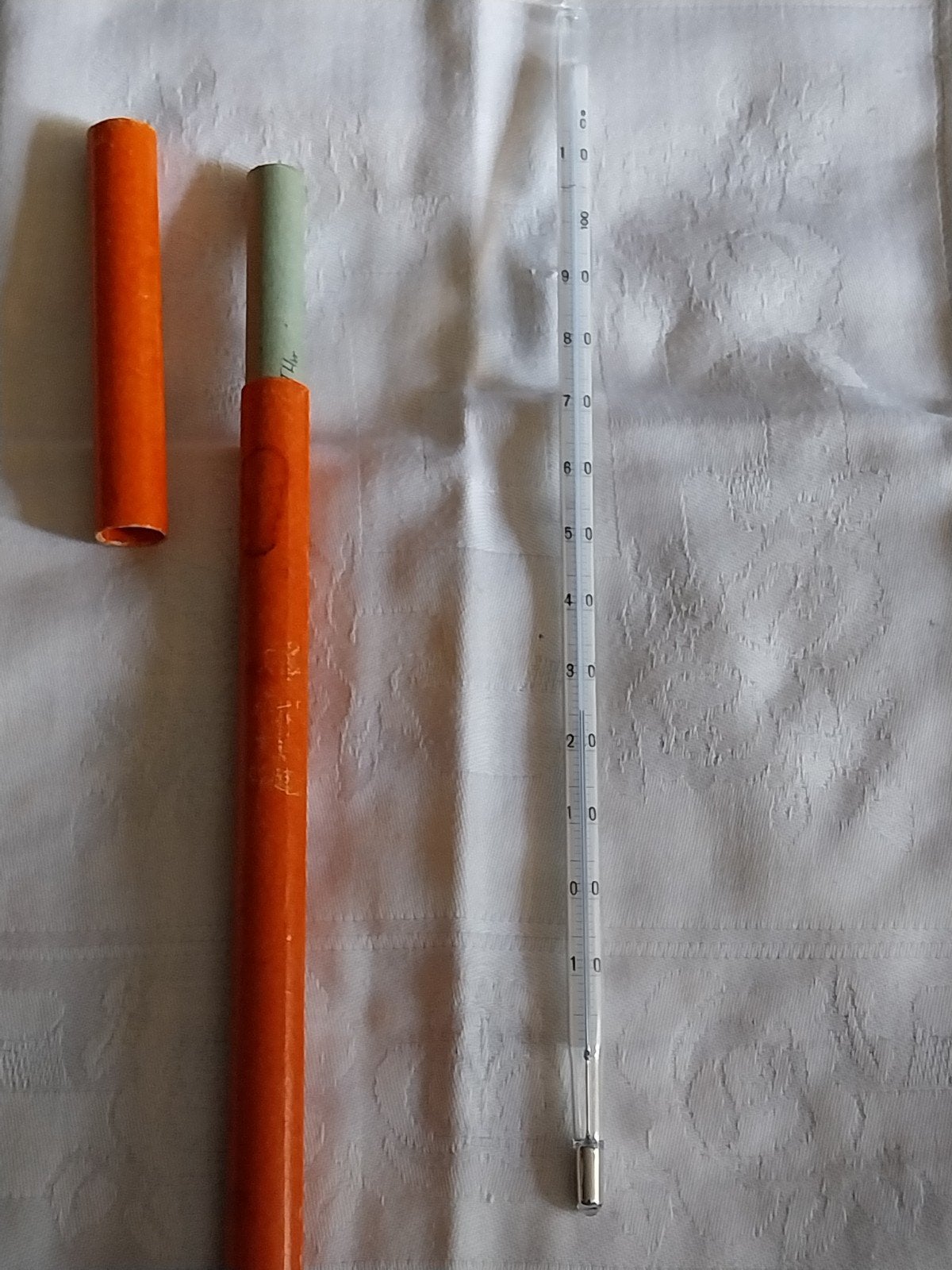 Laboratoriumthermometer on een Koker van Tante Brocante, Ophalen of Verzenden