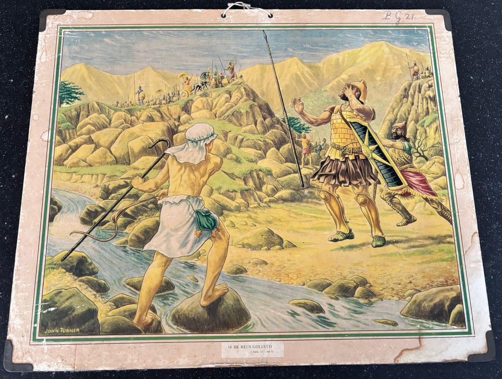 Vintage Bijbelse Plaat: David en Goliath door John Turner, Ophalen of Verzenden, Overige thema's
