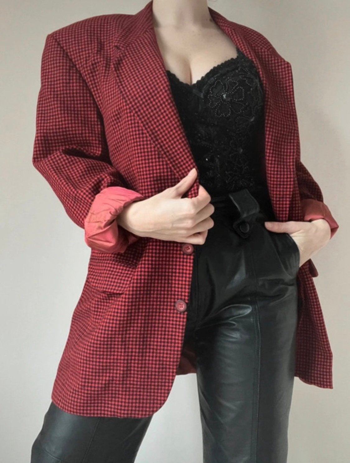 Vintage geblokt jasje/colbert, M/L. Blazer geruit fancy, Vintage, Gedragen, Rood, Verzenden