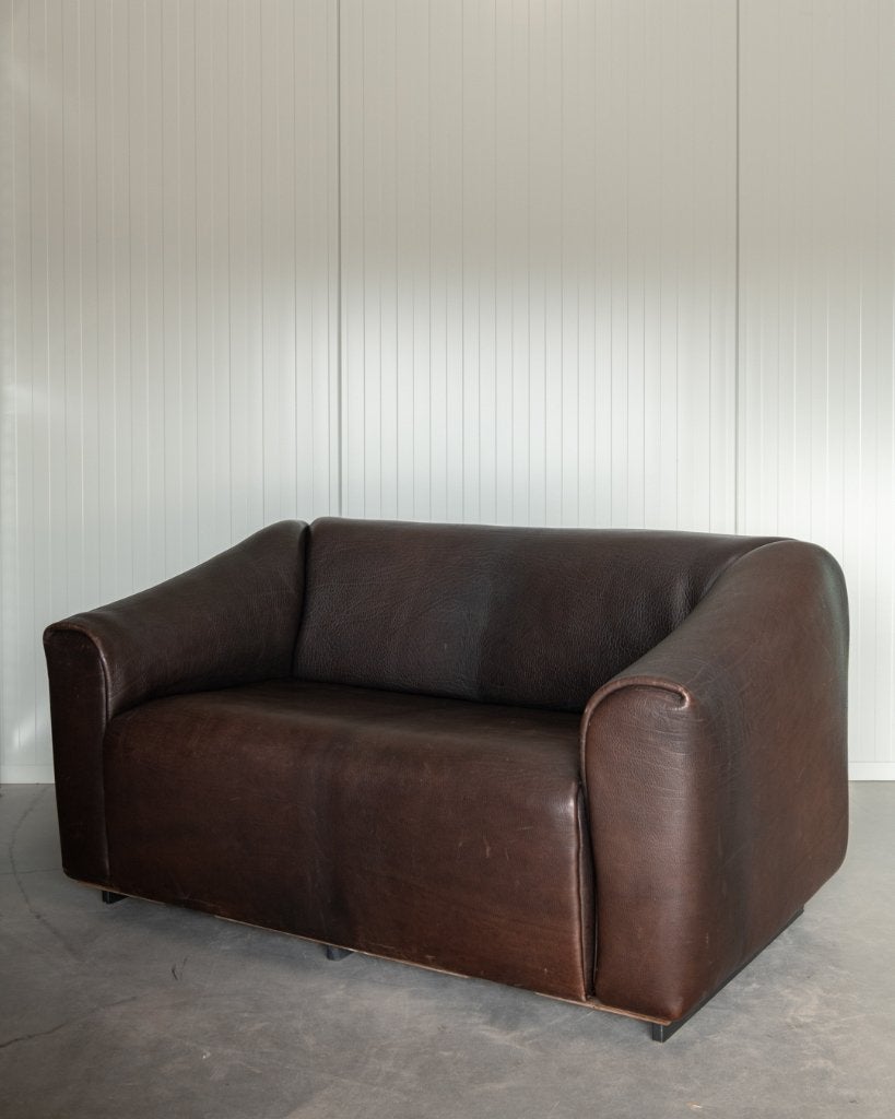 Vintage Mid Century bruin leren tweezits bank De Sede DS-47, Ophalen, Gebruikt, 150 tot 200 cm, Tweepersoons