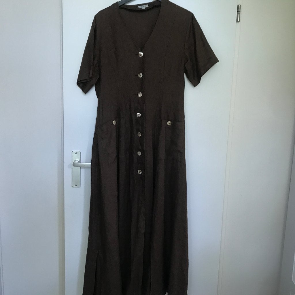 Lange linnen  jurk bruin vintage maat 40, Maat 38/40 (M), Bruin, Verzenden, Zo goed als nieuw