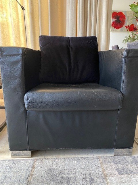 Minotti Suitcase fauteuil - Zwart leer met velours kussen, Gebruikt, Design, Klassiek, 75 tot 100 cm, Ophalen of Verzenden