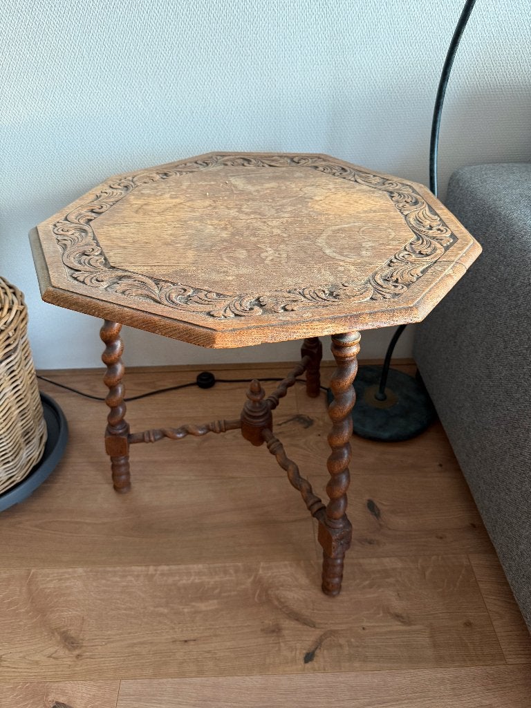 Antiek Eiken Bijzettafeltje, Ophalen, Minder dan 55 cm, Gebruikt, Overige vormen