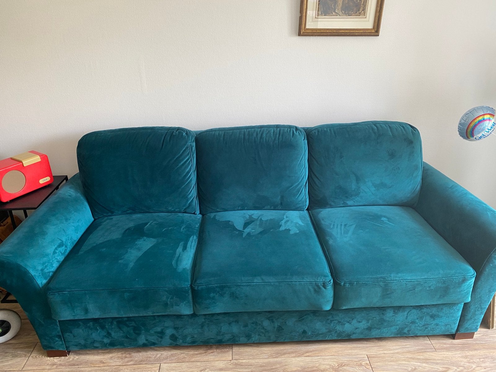 Zgn Bankstel zeegroen -velvet geen vlekken, Ophalen, Driepersoons, 75 tot 100 cm, Zo goed als nieuw