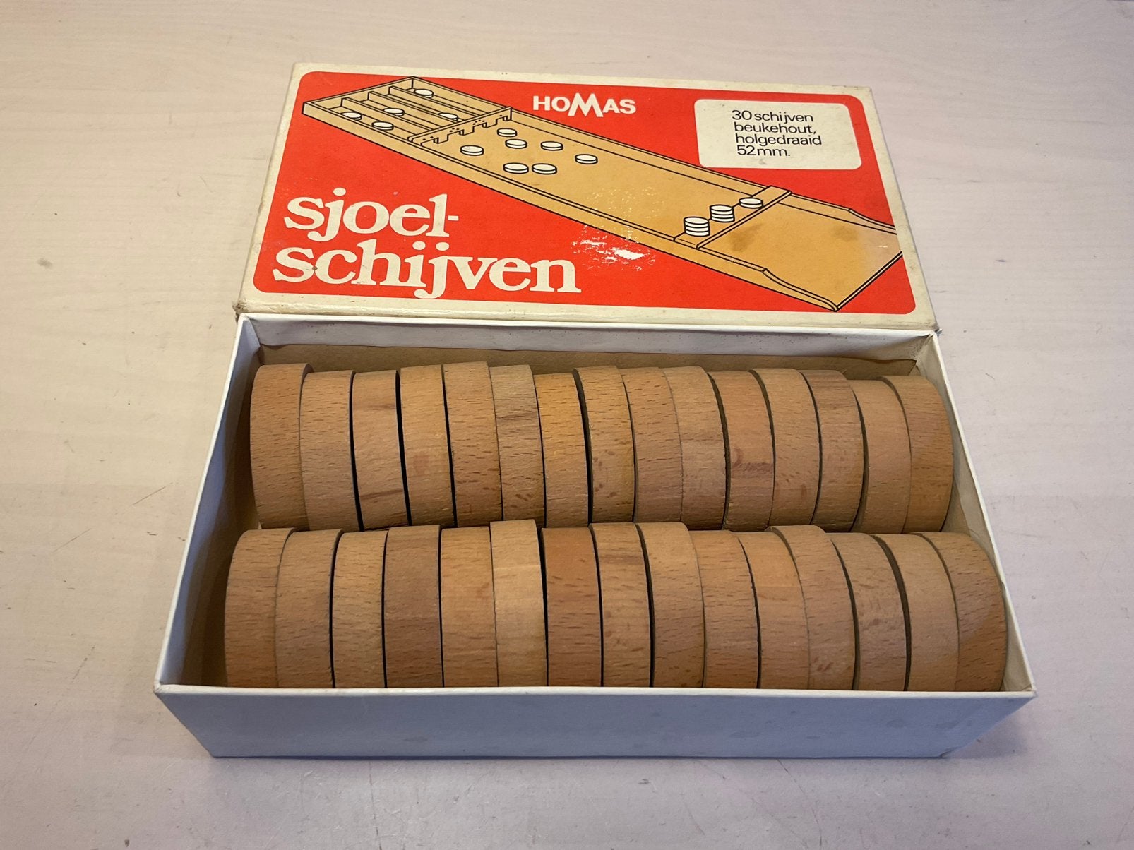 Homas 30 sjoelschijven 52 mm, holgedraaid en beukenhout, Ophalen of Verzenden, Gebruikt