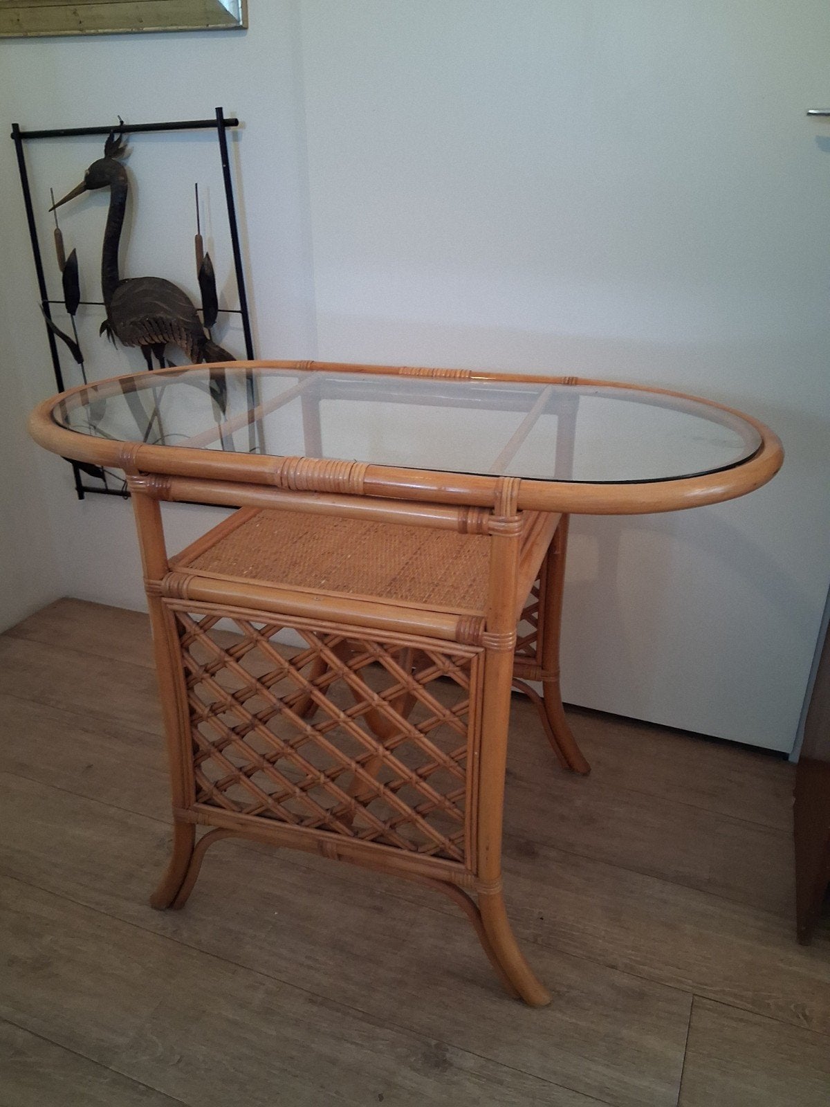 Vintage rotan tafel met glazen blad, Ophalen, Vintage, Rotan, Zo goed als nieuw, 75 cm of meer
