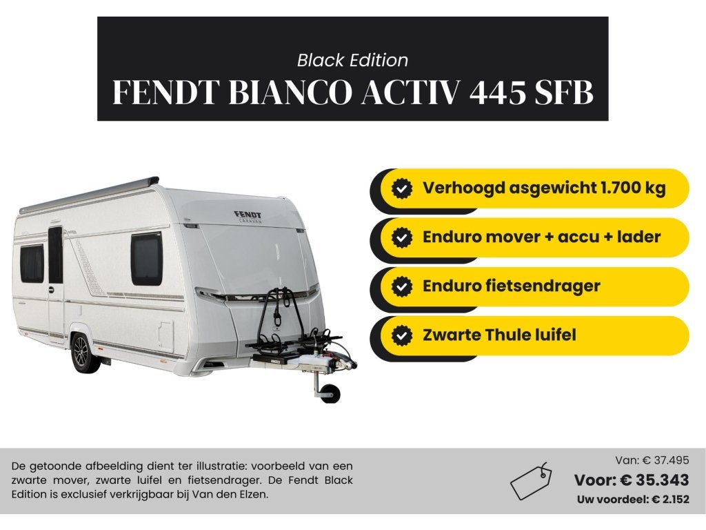 Fendt Bianco Activ 445 SFB Black Edition Actiepakket, Caravans en Kamperen, Caravans, Rondzit, Bedrijf, Overige typen, Fendt