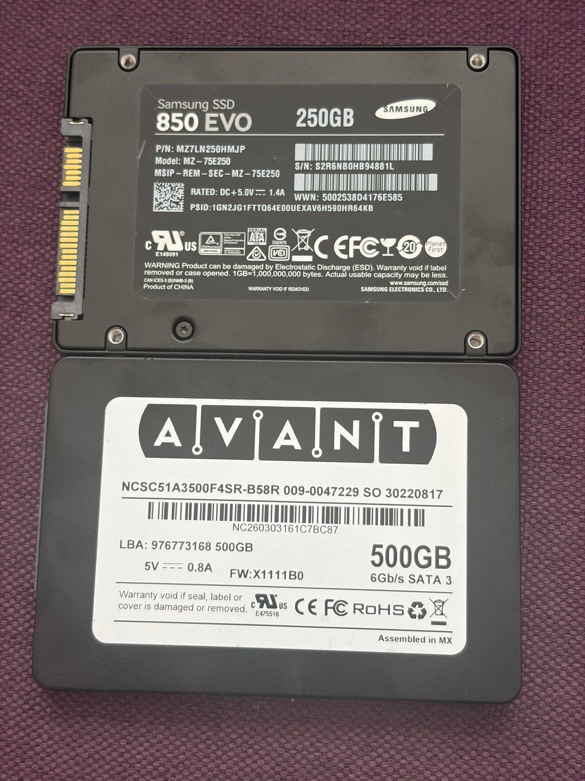 Samsung 850 EVO 250GB SSD & Avant 500GB SSD, Computers en Software, Harde schijven, Intern, Gebruikt, Server, Ophalen of Verzenden