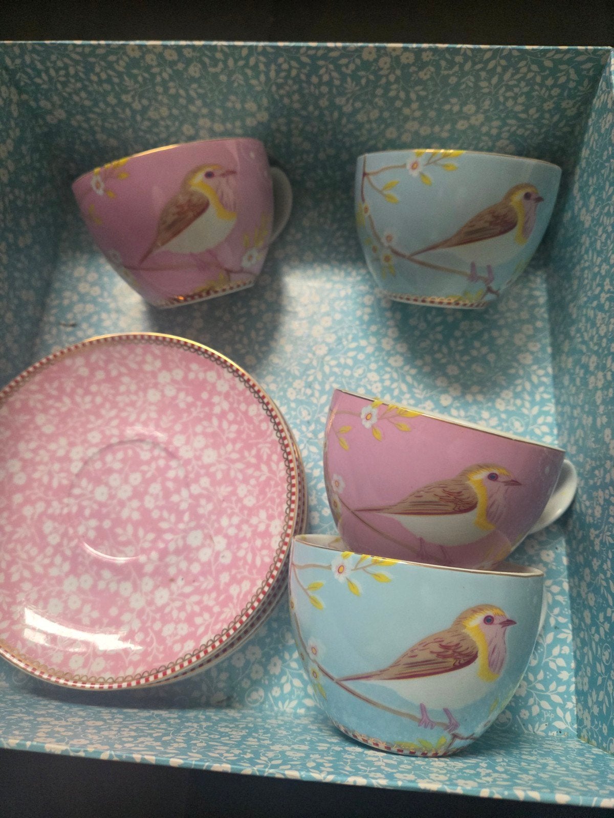 Pip Studio Kop en Schotel Set - Roze & Blauw met Vogels, Ophalen, Nieuw, Overige stijlen, Kop(pen) en/of Schotel(s)