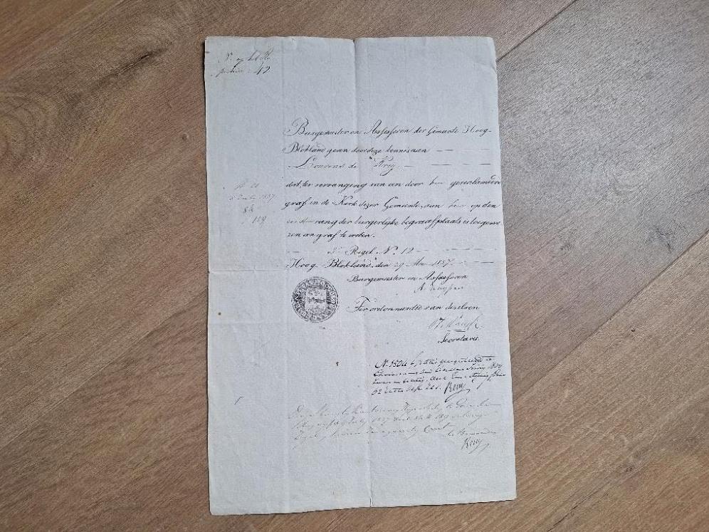 [Koopje] 1837 Manuscript Hoogblokland De Kreij graf kerk, Verzenden, Brief