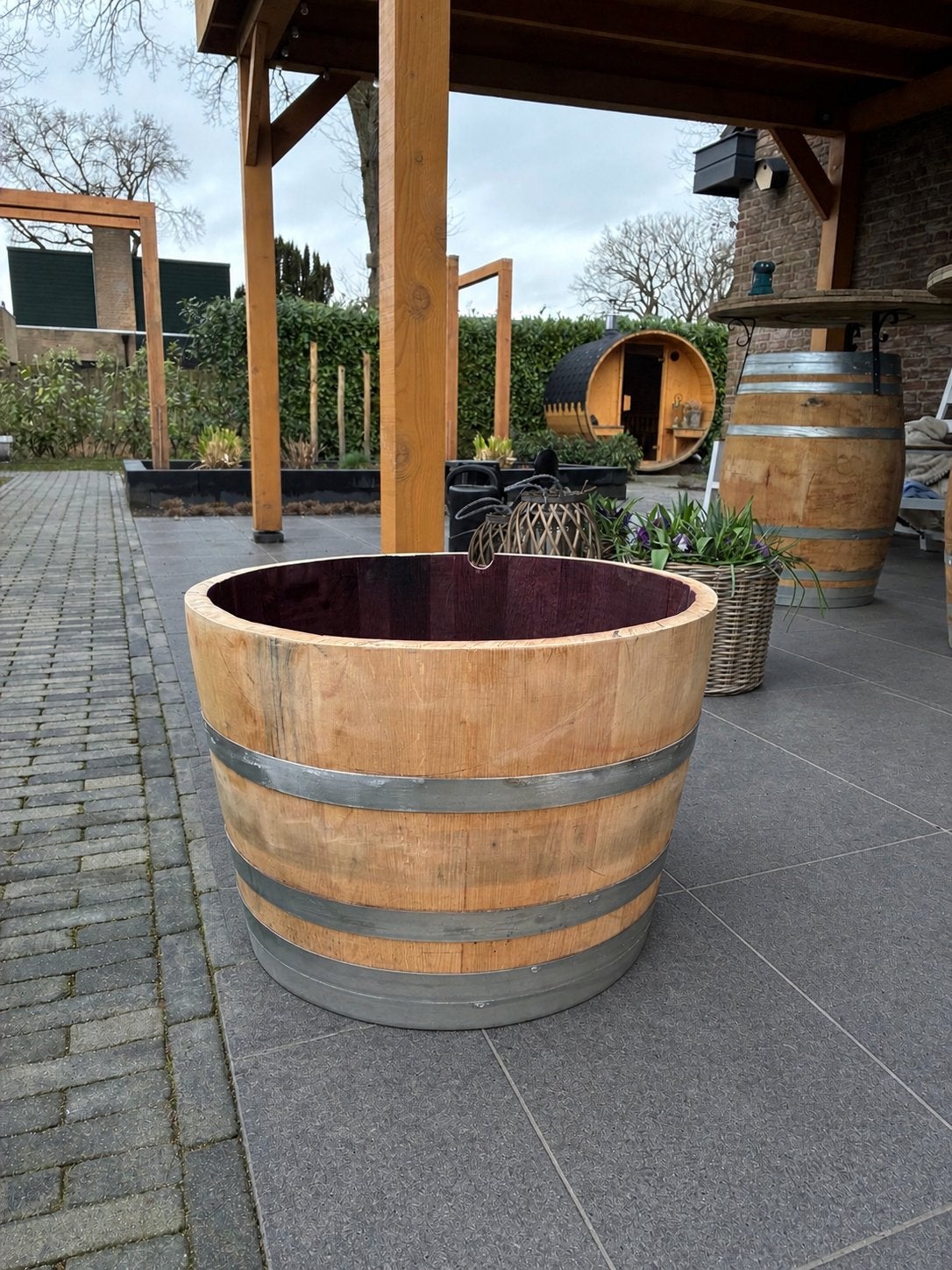Wijnvat plantenbak / vijver / bloembak, Ophalen, Gebruikt, Rond, Binnen
