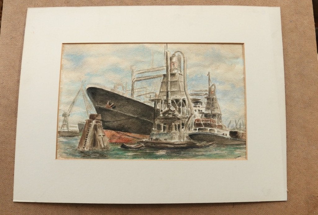 J.A. Valk – Haven met zeeschip en graanelevatoren, aquarel, Antiek en Kunst, Ophalen, Aquarel, Papier/karton, Gesigneerd