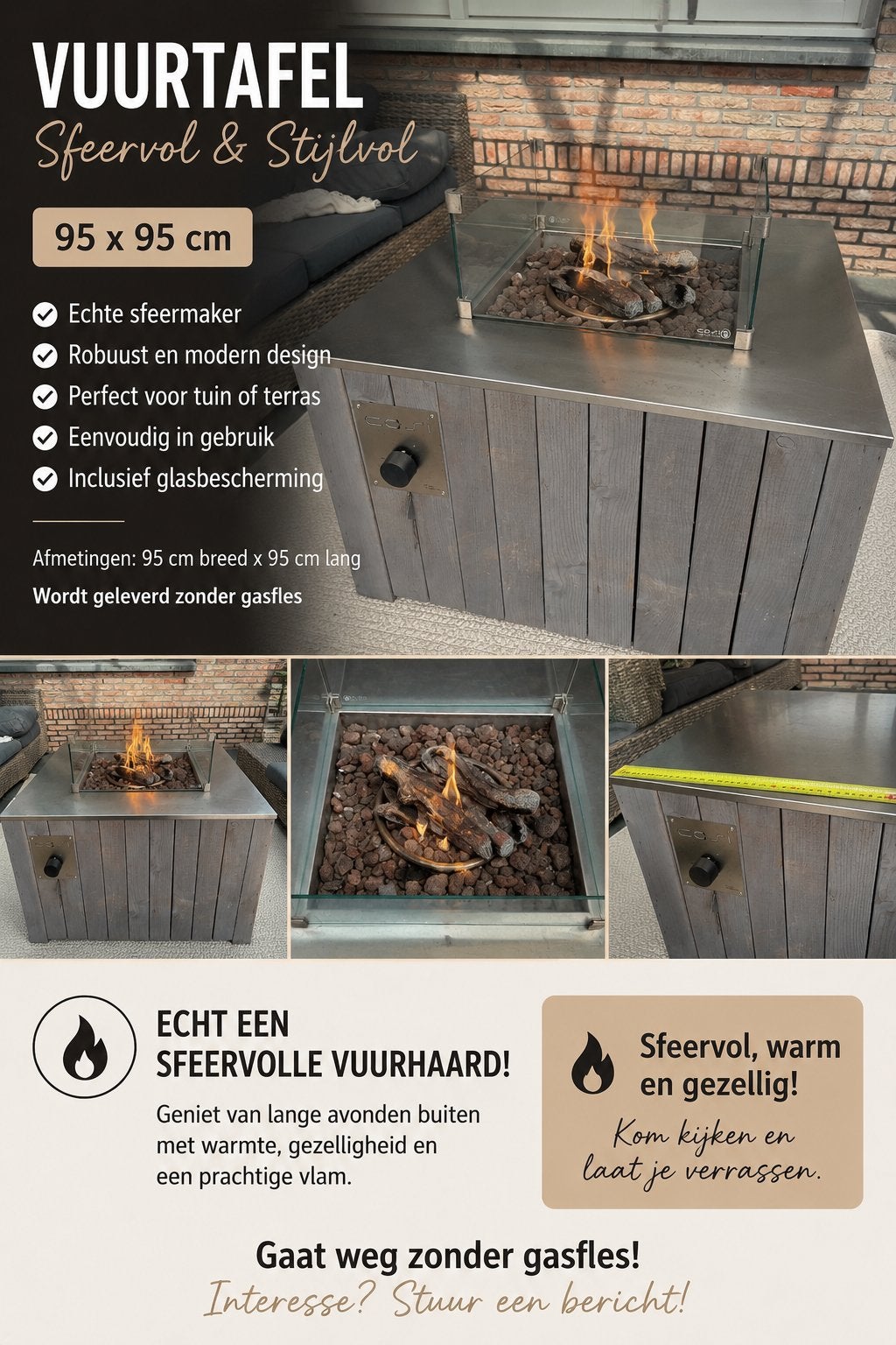Cosi vuurtafel 95 x 95 cm, Ophalen, Gebruikt, Gas, Vloer