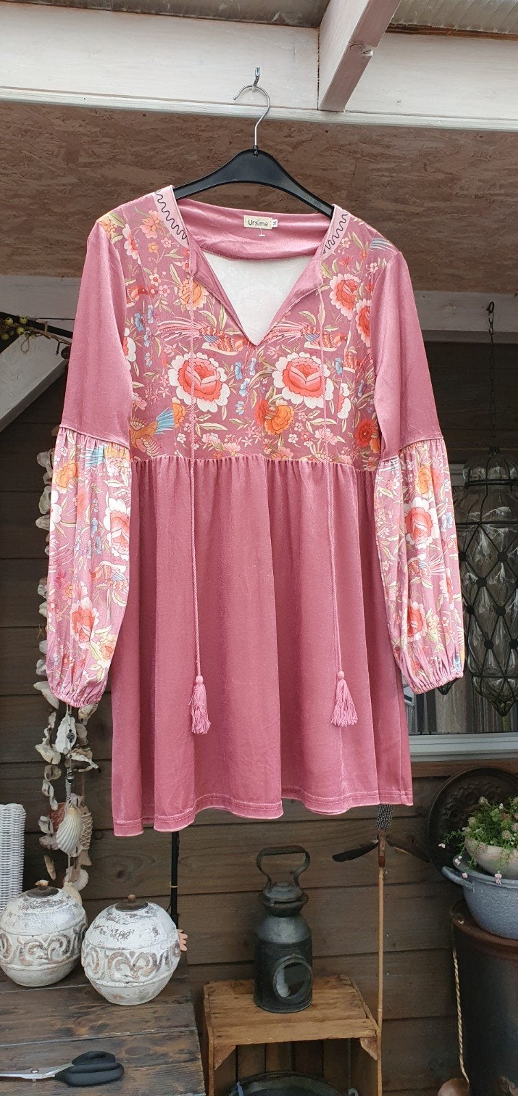 Oud Roze fluwelen jurk/tuniekje met bloemenprint en kwastjes, Kleding | Dames, Ophalen of Verzenden, Zo goed als nieuw, Ursime