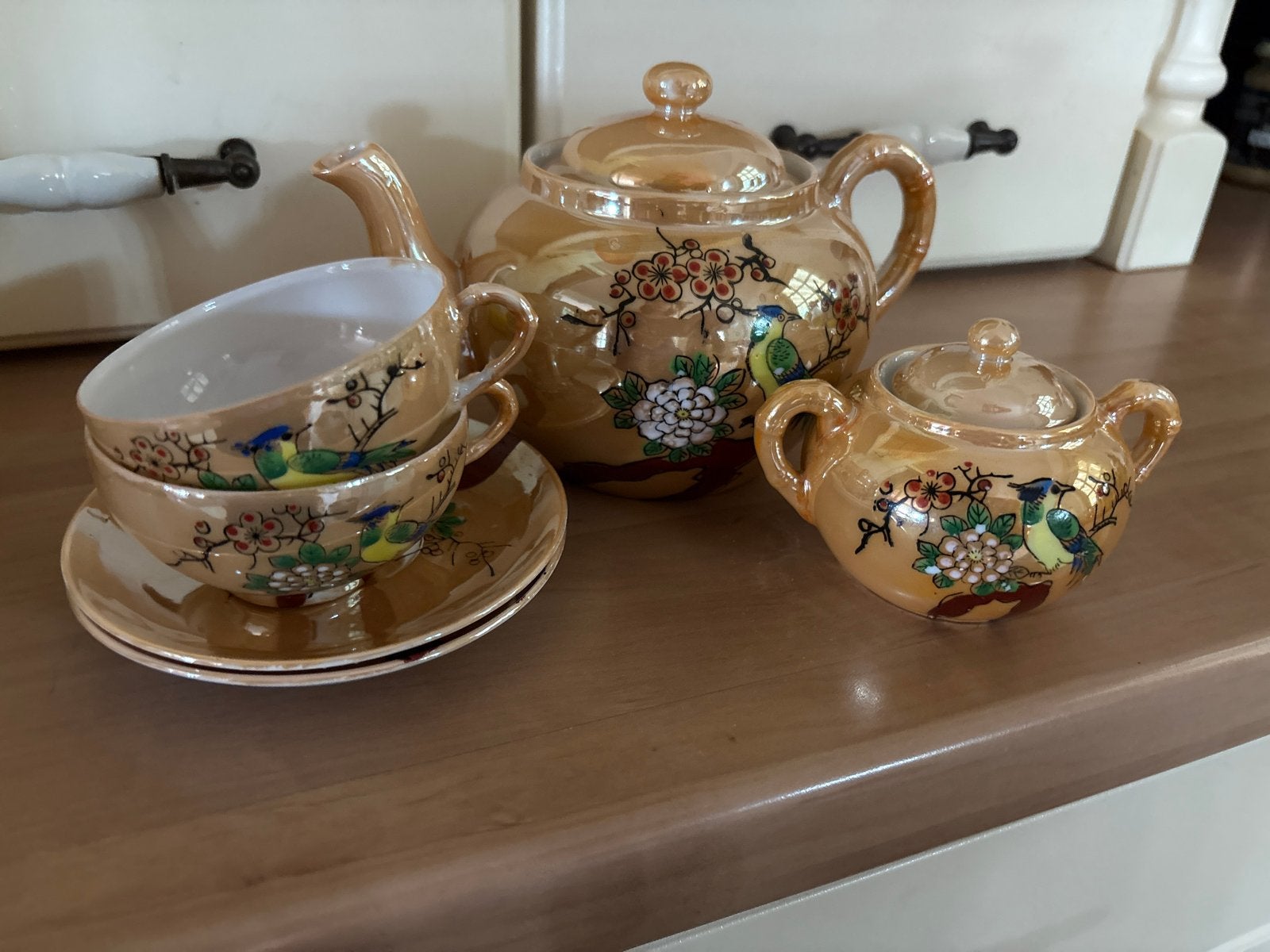 Vintage Japans theeserviesje met vogels en bloemen, Ophalen