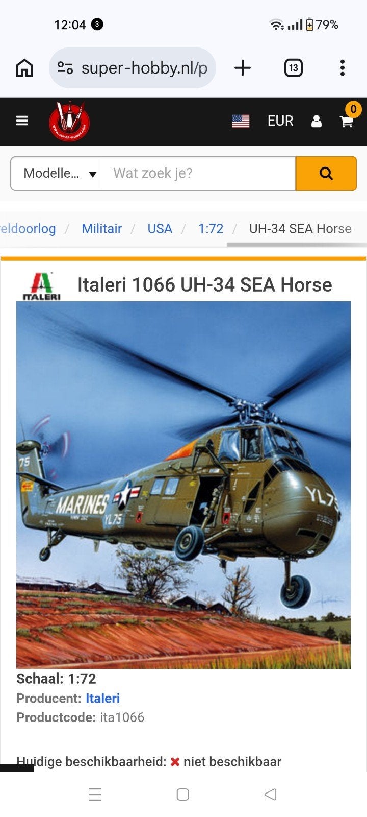 sikorsky H-34 helikopter, 1/72 (hobby), Hobby en Vrije tijd, Modelbouw | Vliegtuigen en Helikopters, Overige merken, 1:72 tot 1:144