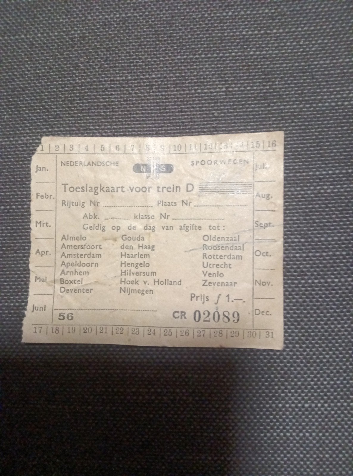 Oude NS Toeslagkaart voor trein D (juni 1956), Ophalen of Verzenden, Gebruikt, Trein, Overige typen