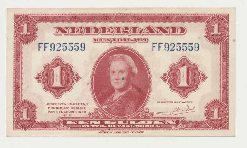 Nederland 1 Gulden 1943 Wilhelmina, Ophalen of Verzenden, 1 gulden, Los biljet
