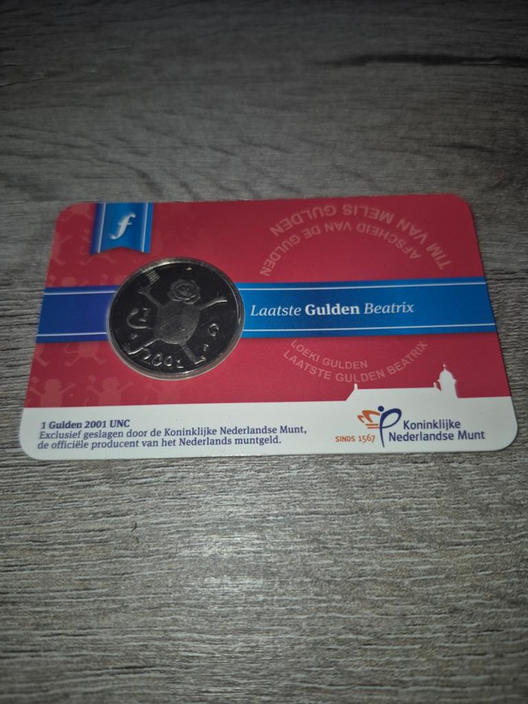 Laatste gulden Beatrix 2001 in coincard, Ophalen of Verzenden, Koningin Beatrix, 1 gulden